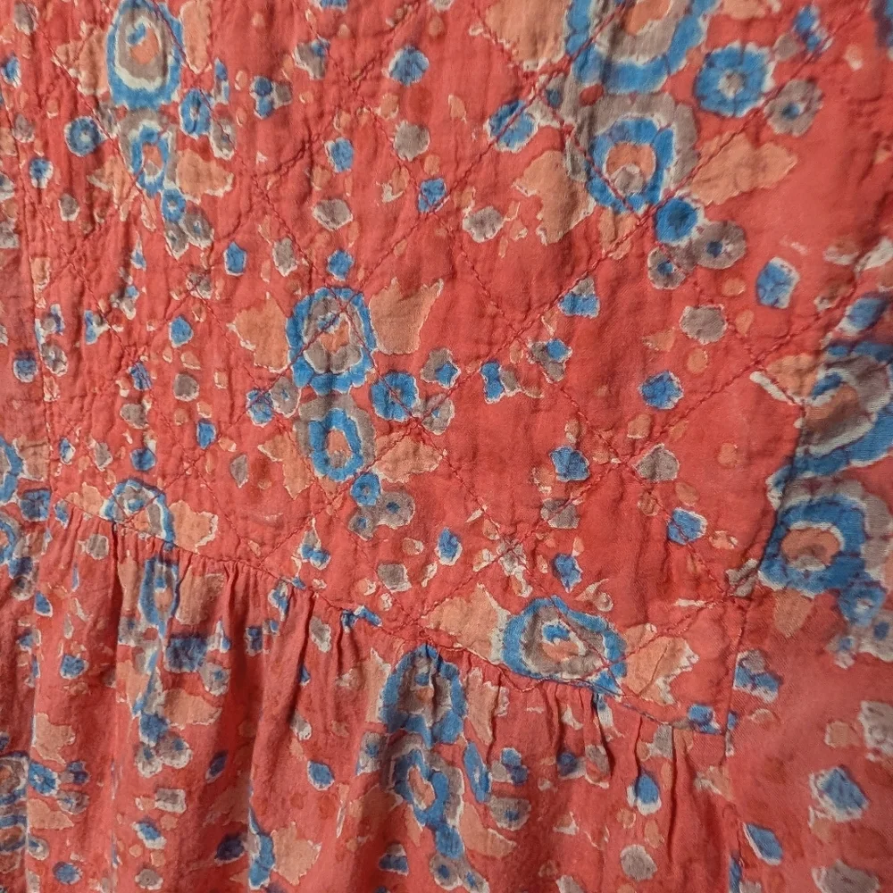 Boho Floral Quilted Embroidered Lace-Up Blouse Tunic - Coral and Blue
